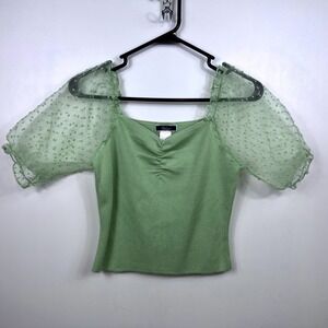 Vintage Y2k Womens Green Puff Sleeve Size M Knit Short Sleeve Top Festival